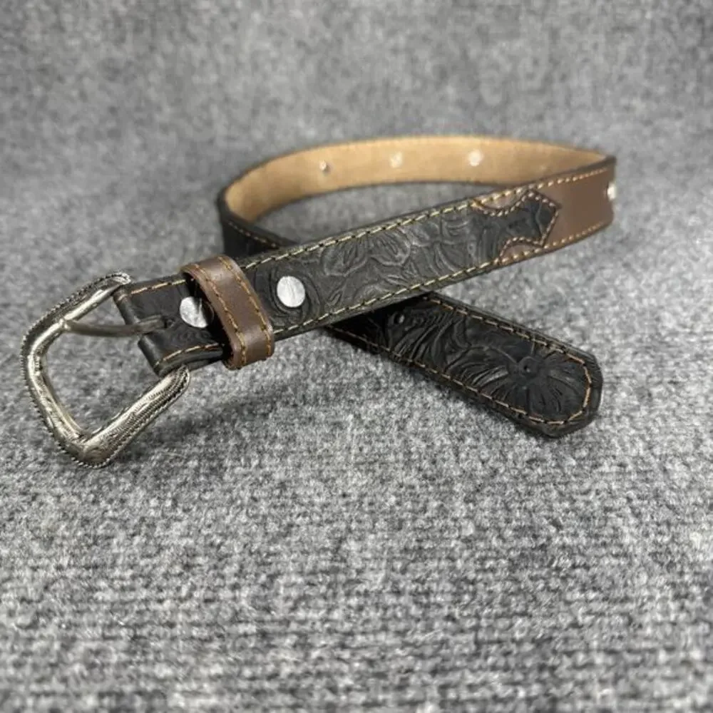 Kids Tooled Rhinestone Studded Western Leather Belt Black Brown Size 28